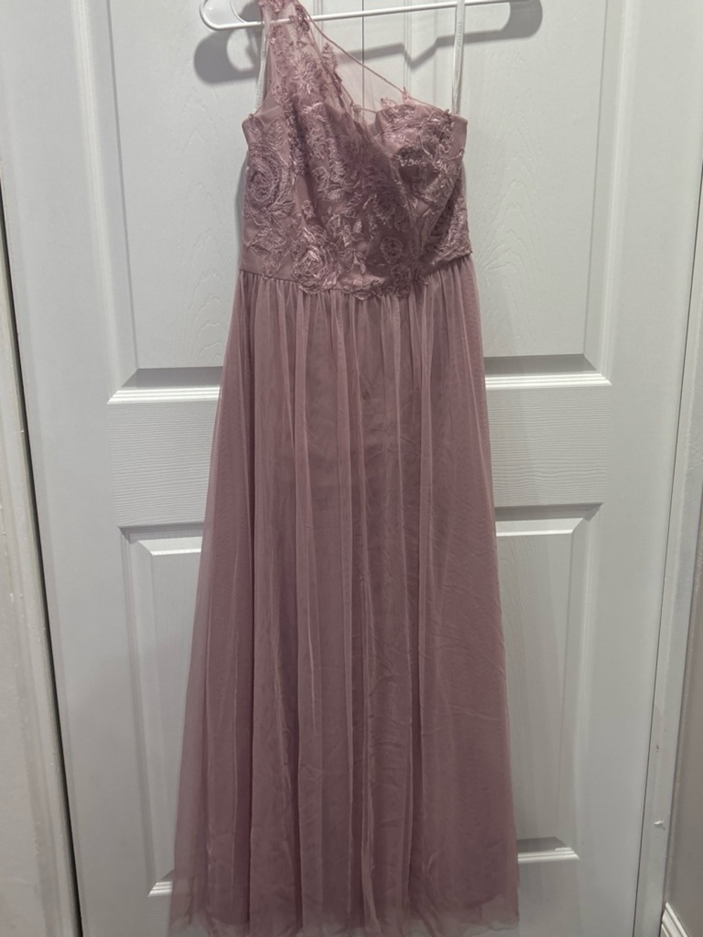 David's Bridal One-Shoulder Dusty Rose Lace & Tulle Gown